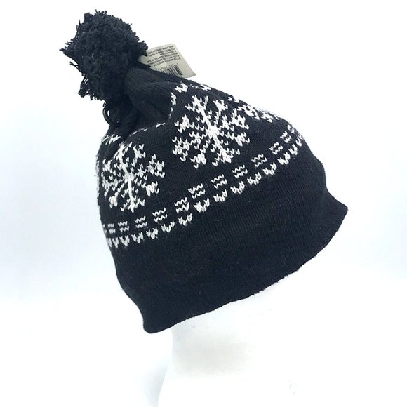 Unisex Nordic Snowflake Warm Fleece Lined Knit Stretch w/Pom Pom Beanie Hat New - Picture 4 of 7